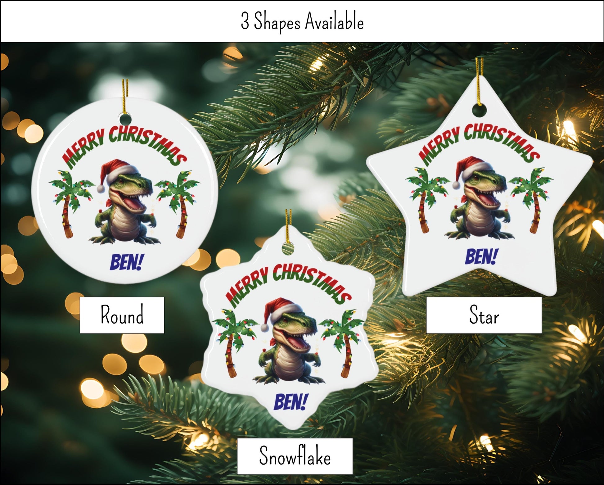 Dinosaur Christmas Ornament, T-Rex Santa Hat, Personalized Kids Holiday Decor, Ceramic Bauble Gift, Children Christmas Tree Decoration