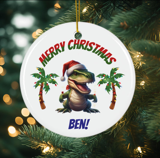 Dinosaur Christmas Ornament, T-Rex Santa Hat, Personalized Kids Holiday Decor, Ceramic Bauble Gift, Children Christmas Tree Decoration