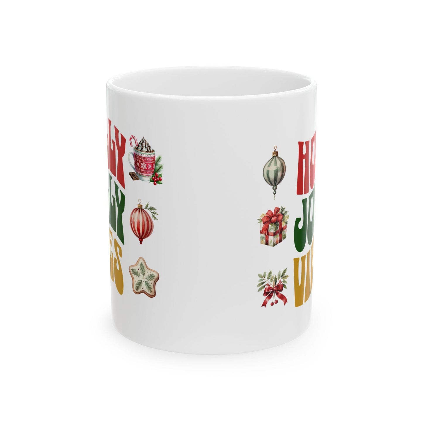 Christmas Ceramic Mug, Holly Jolly Vibes, Retro Style Coffee Cup, Vintage Holiday Decor, 11oz 15oz Mug Gift, Festive Kitchen Decor