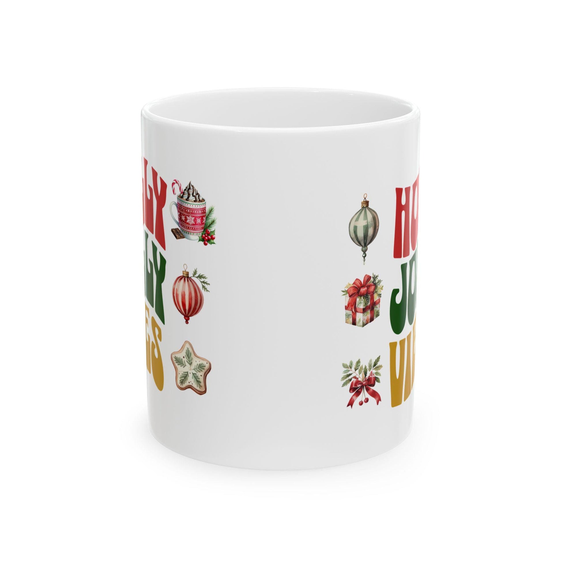 Christmas Ceramic Mug, Holly Jolly Vibes, Retro Style Coffee Cup, Vintage Holiday Decor, 11oz 15oz Mug Gift, Festive Kitchen Decor