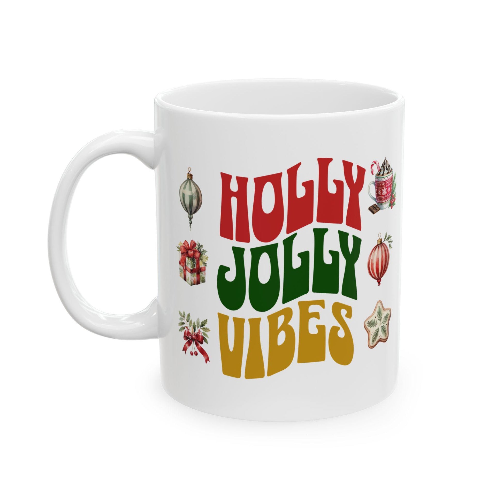 Christmas Ceramic Mug, Holly Jolly Vibes, Retro Style Coffee Cup, Vintage Holiday Decor, 11oz 15oz Mug Gift, Festive Kitchen Decor