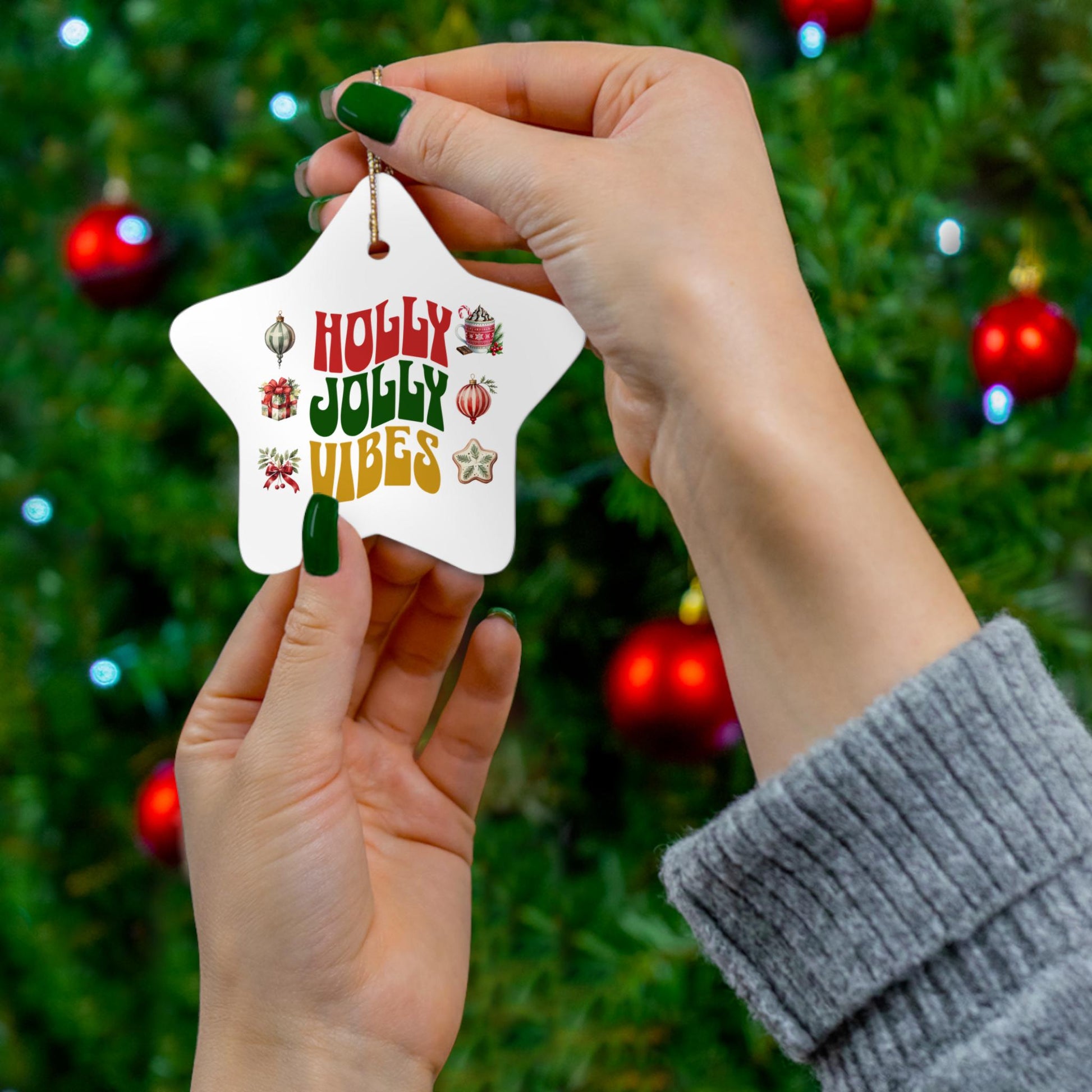 Holly Jolly Vibes Ceramic Christmas Ornament