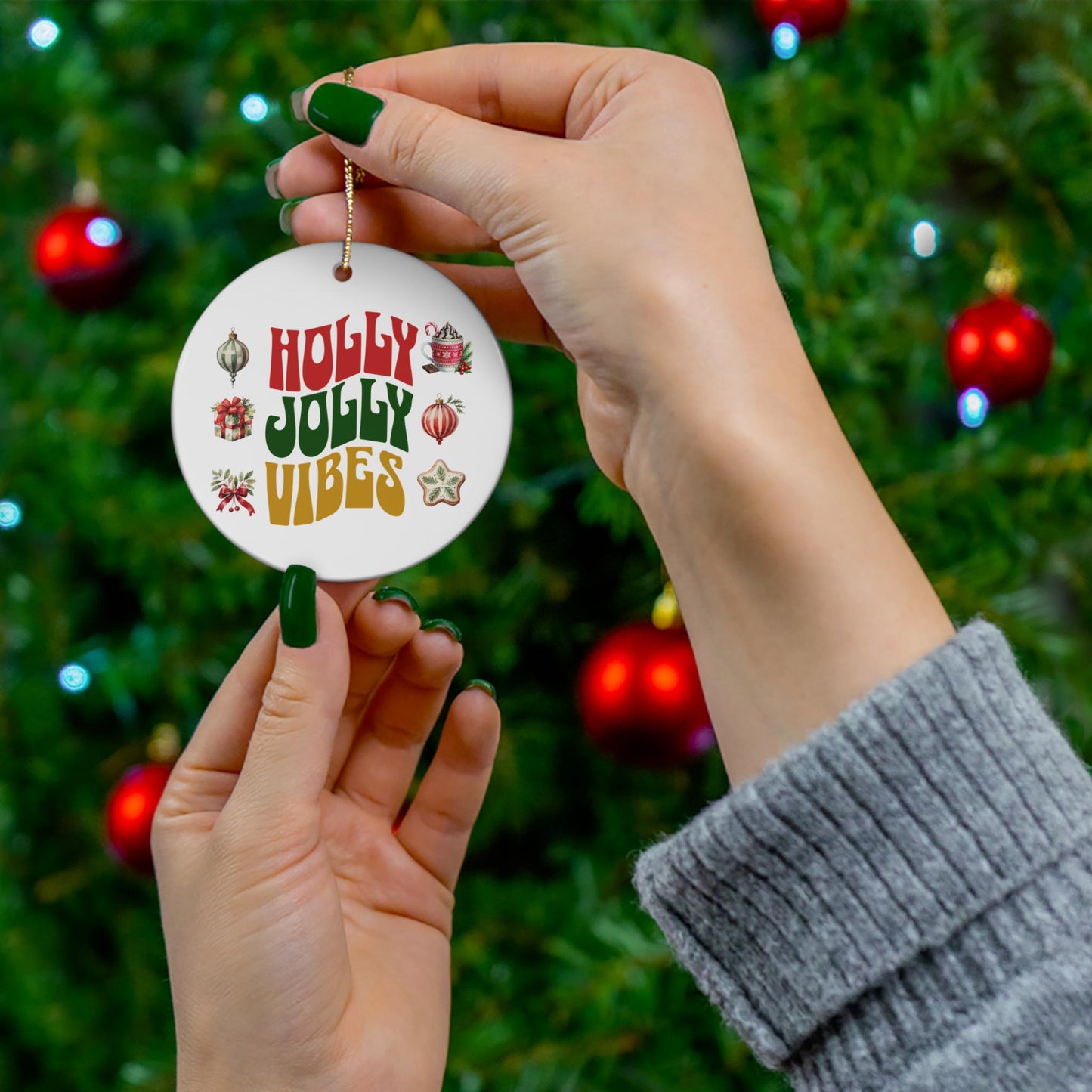 Holly Jolly Vibes Ceramic Christmas Ornament