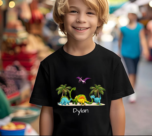 Dinosaur Kids Tee, Personalized Shirt for Boys and Girls, Cute Jurassic T-Shirt, Pterodactyl, Palm Trees, Custom Name Option, Children's