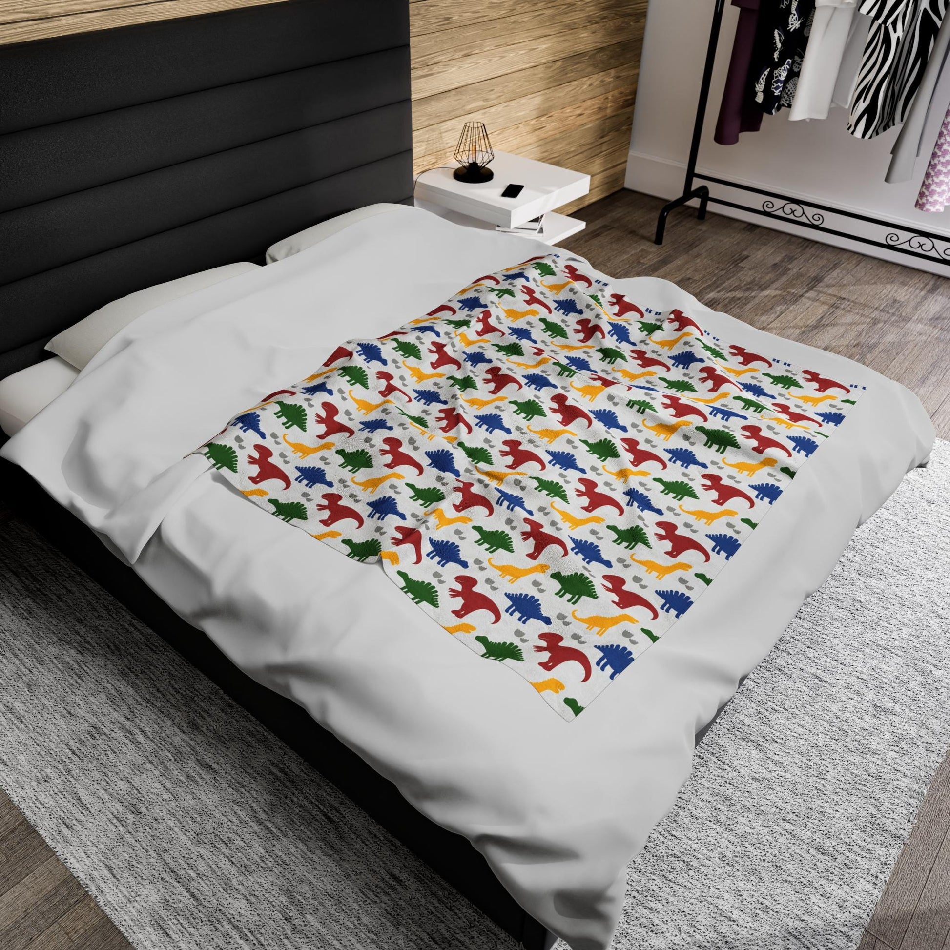 Dinosaur Velveteen Plush Blanket, Personalized Kids Bedding, Colorful Jurassic Pattern Throw, Child's Bedroom Decor, Custom Name Blanket,