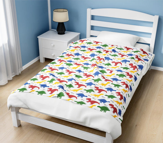 Dinosaur Velveteen Plush Blanket, Personalized Kids Bedding, Colorful Jurassic Pattern Throw, Child's Bedroom Decor, Custom Name Blanket,