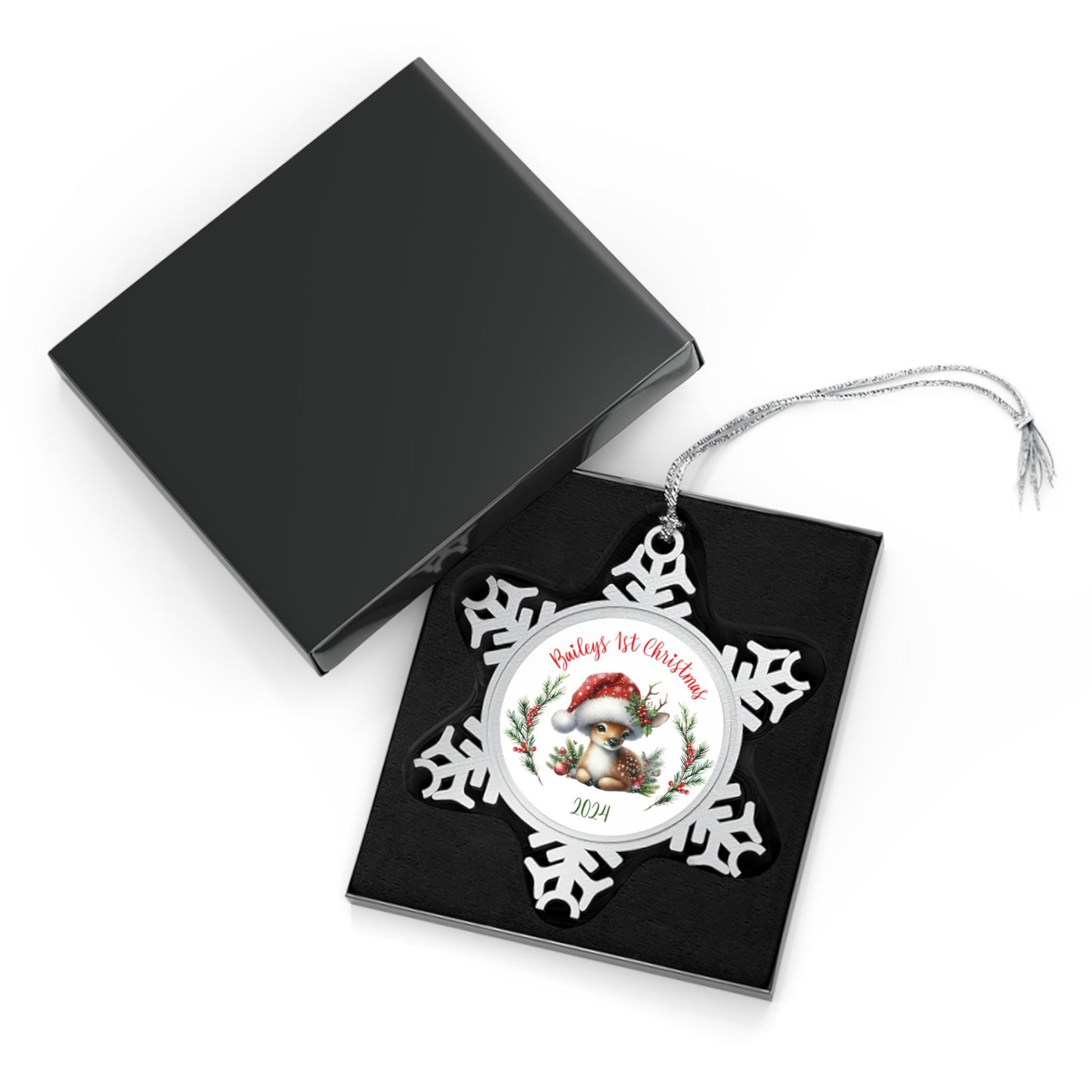 Pewter Ornament, Baby's 1st Christmas, Personalized, Snowflake, Fawn, Santa Hat, Gift Box, New Baby, Family Ornament, Holiday Decoration