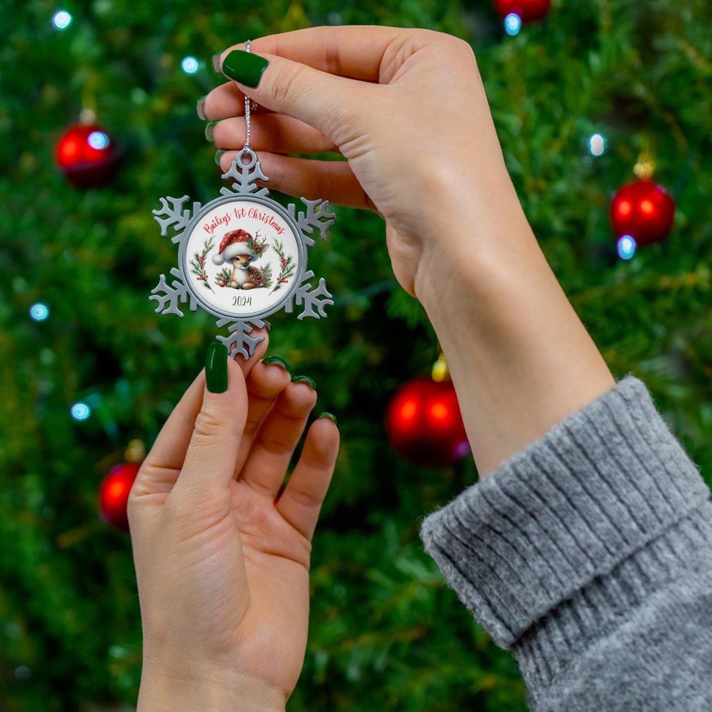 Pewter Ornament, Baby's 1st Christmas, Personalized, Snowflake, Fawn, Santa Hat, Gift Box, New Baby, Family Ornament, Holiday Decoration