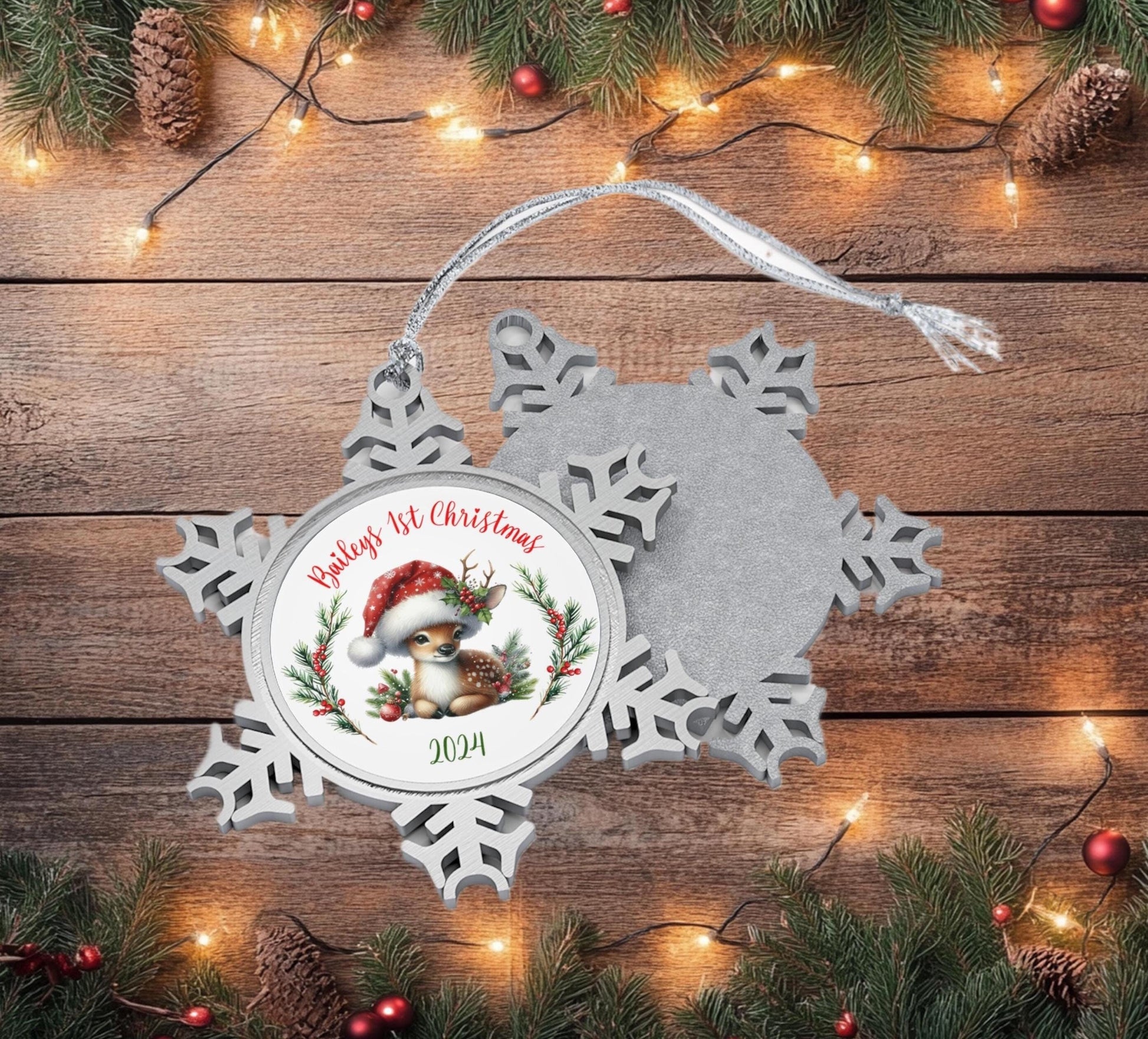 Pewter Ornament, Baby's 1st Christmas, Personalized, Snowflake, Fawn, Santa Hat, Gift Box, New Baby, Family Ornament, Holiday Decoration
