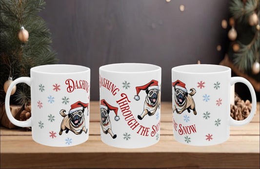 Christmas Pug Mug, Dashing Through the Snow, Holiday Coffee Cup, Santa Hat Dog Lover Gift, Cute Puppy Tea Mug, Festive Cocoa Mug