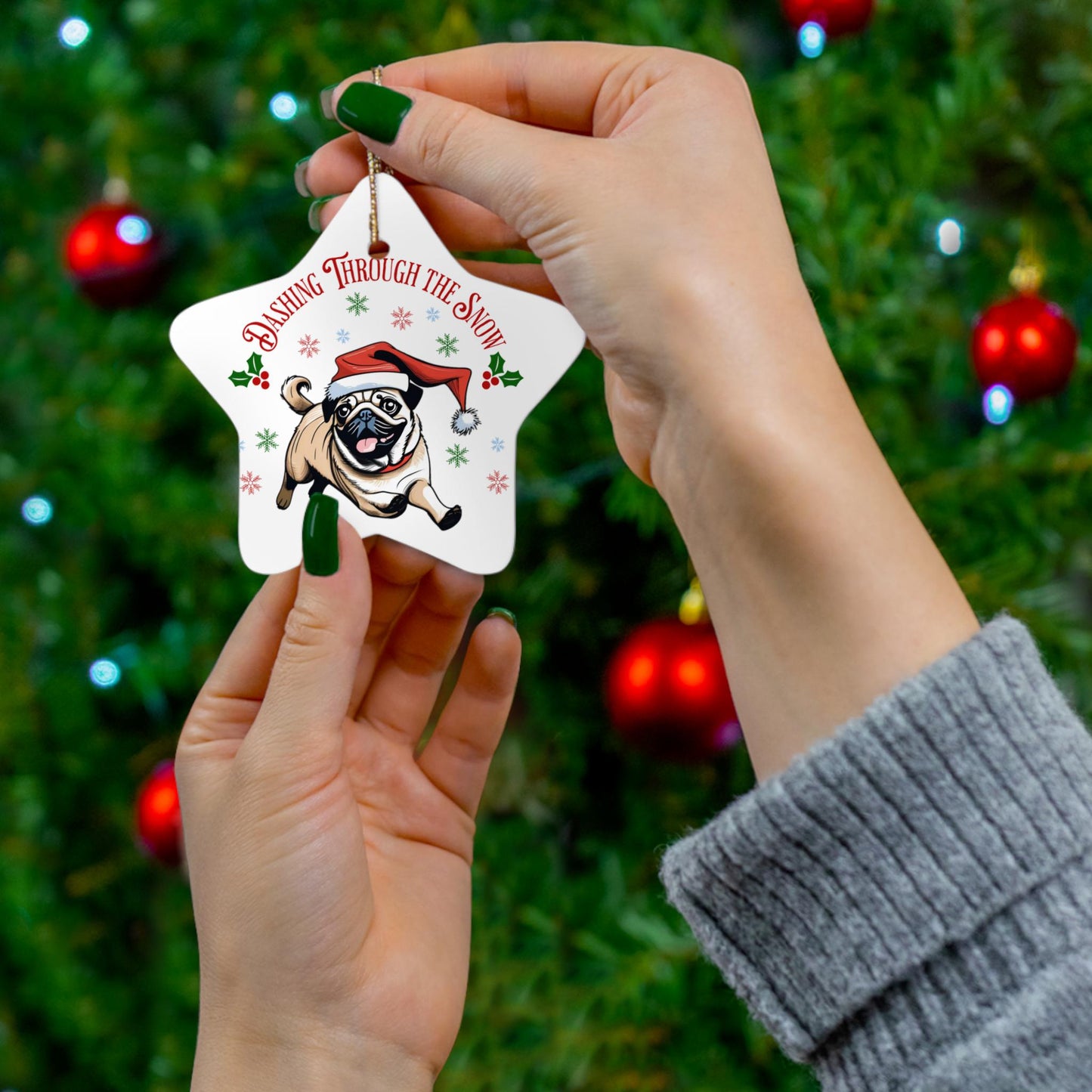 Ceramic Pug Christmas Ornament - "Dashing Through the Snow"