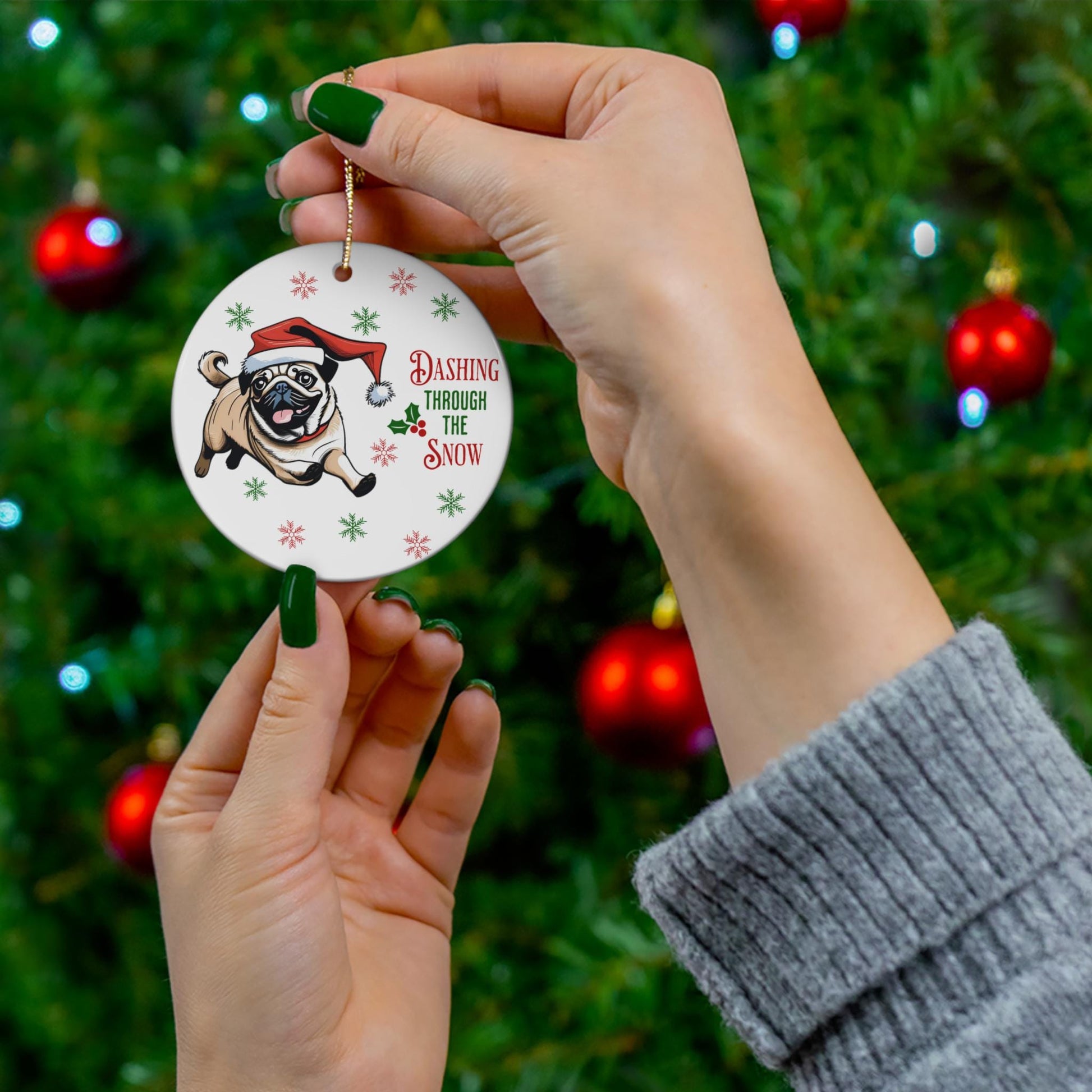 Ceramic Pug Christmas Ornament - "Dashing Through the Snow"