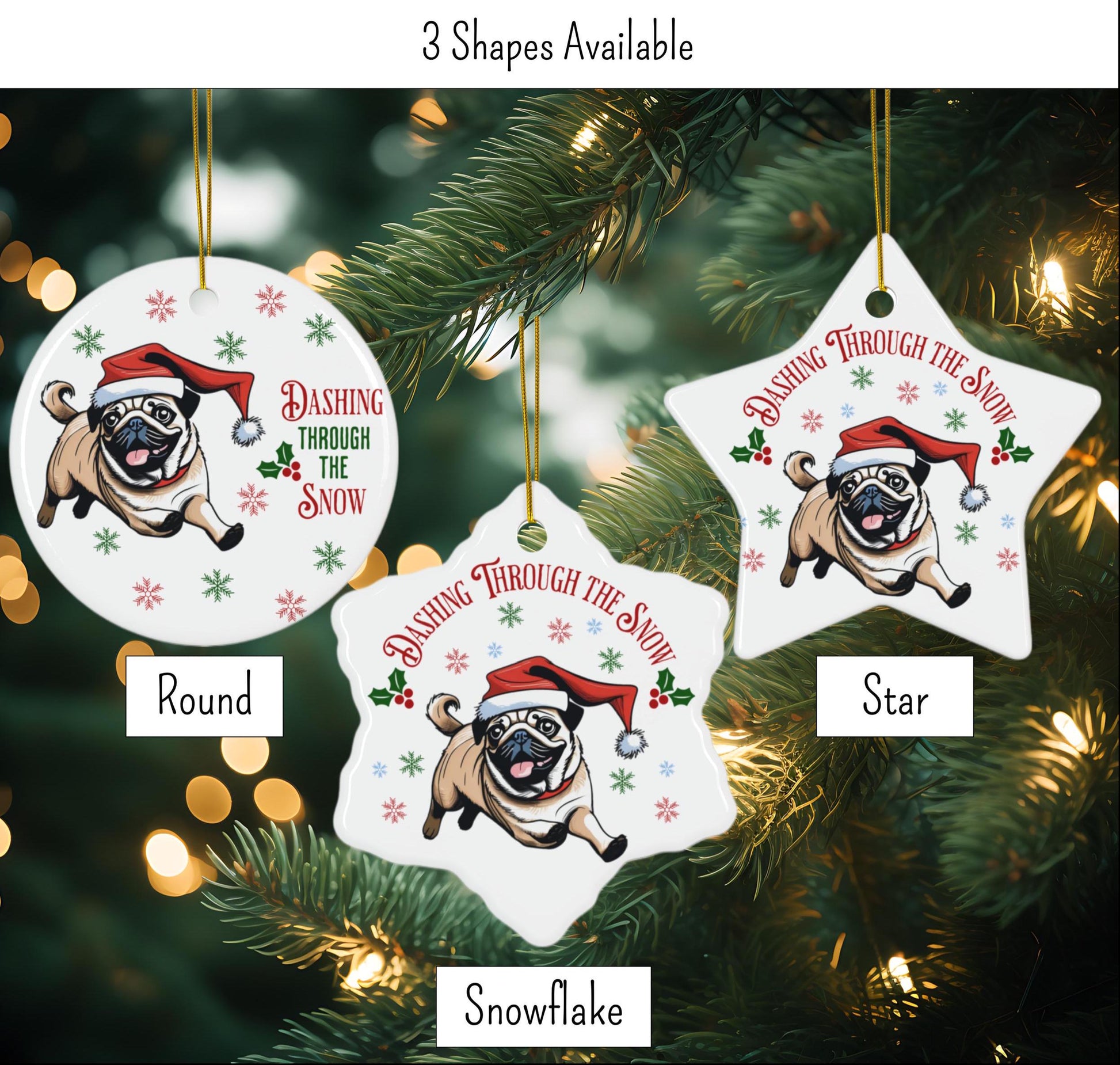 Ceramic Pug Christmas Ornament - "Dashing Through the Snow"
