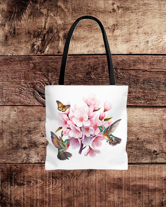 Cherry Blossom Tote Bag - Watercolor Floral Design, Hummingbird and Butterfly Print - Gift for Birthdays, Mother's Day, Christmas -