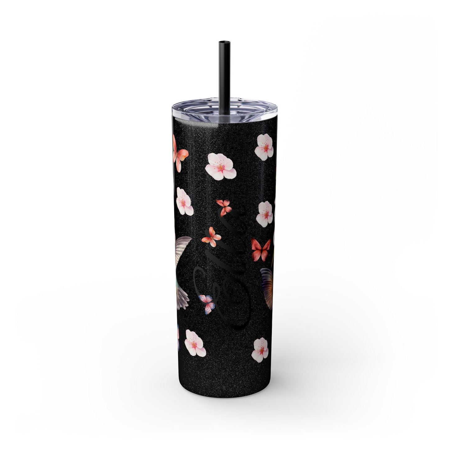 Cherry Blossom Tumbler, Personalized Cup with Straw, 20oz - Floral Design, Hummingbirds & Butterflies - Custom Name Gift - Spring Mug,