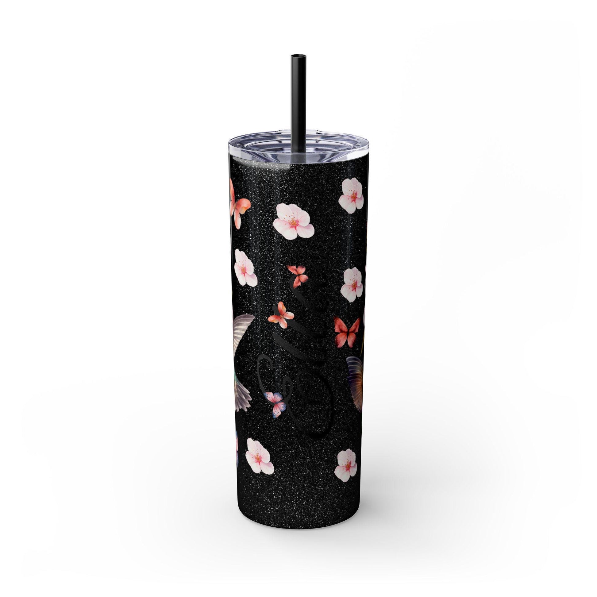 Cherry Blossom Tumbler, Personalized Cup with Straw, 20oz - Floral Design, Hummingbirds & Butterflies - Custom Name Gift - Spring Mug,