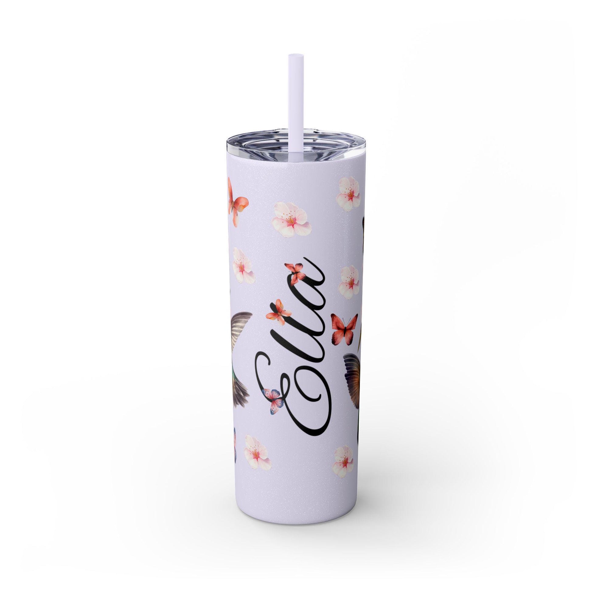 Cherry Blossom Tumbler, Personalized Cup with Straw, 20oz - Floral Design, Hummingbirds & Butterflies - Custom Name Gift - Spring Mug,