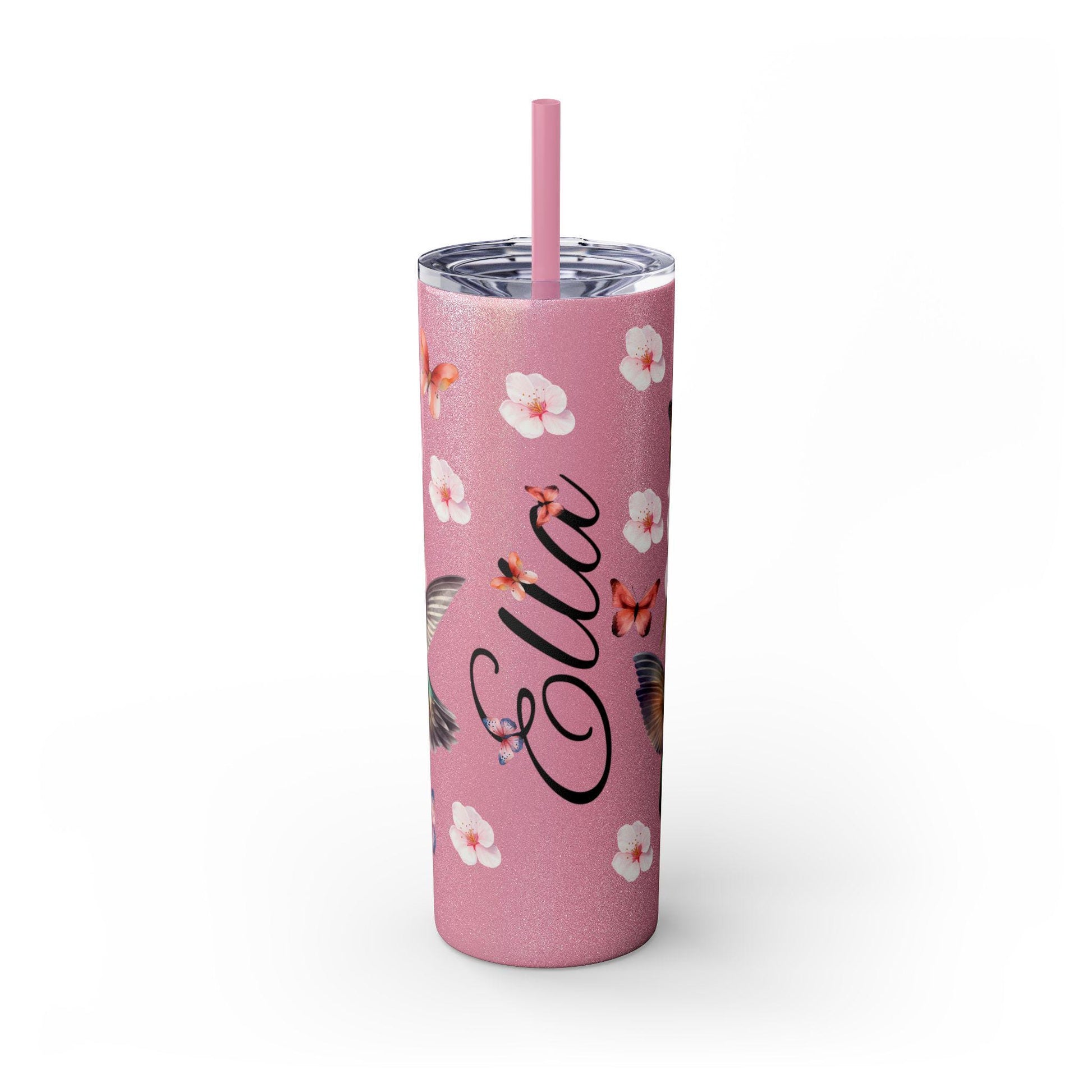 Cherry Blossom Tumbler, Personalized Cup with Straw, 20oz - Floral Design, Hummingbirds & Butterflies - Custom Name Gift - Spring Mug,