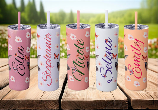 Cherry Blossom Tumbler, Personalized Cup with Straw, 20oz - Floral Design, Hummingbirds & Butterflies - Custom Name Gift - Spring Mug,