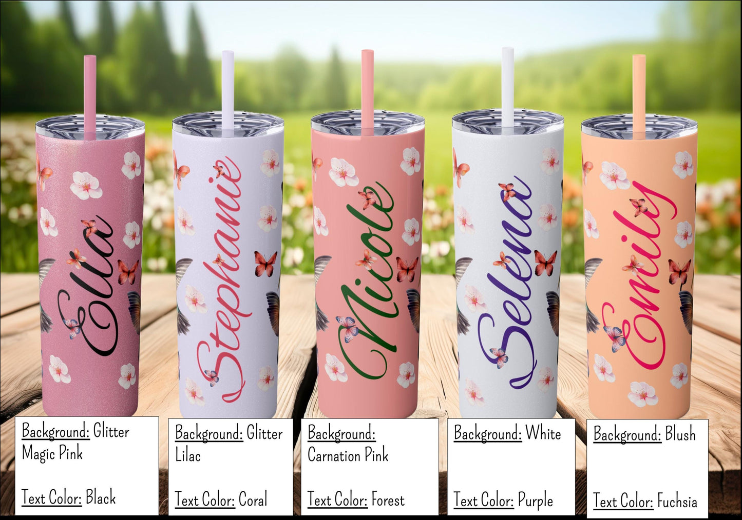 Cherry Blossom Tumbler, Personalized Cup with Straw, 20oz - Floral Design, Hummingbirds & Butterflies - Custom Name Gift - Spring Mug,
