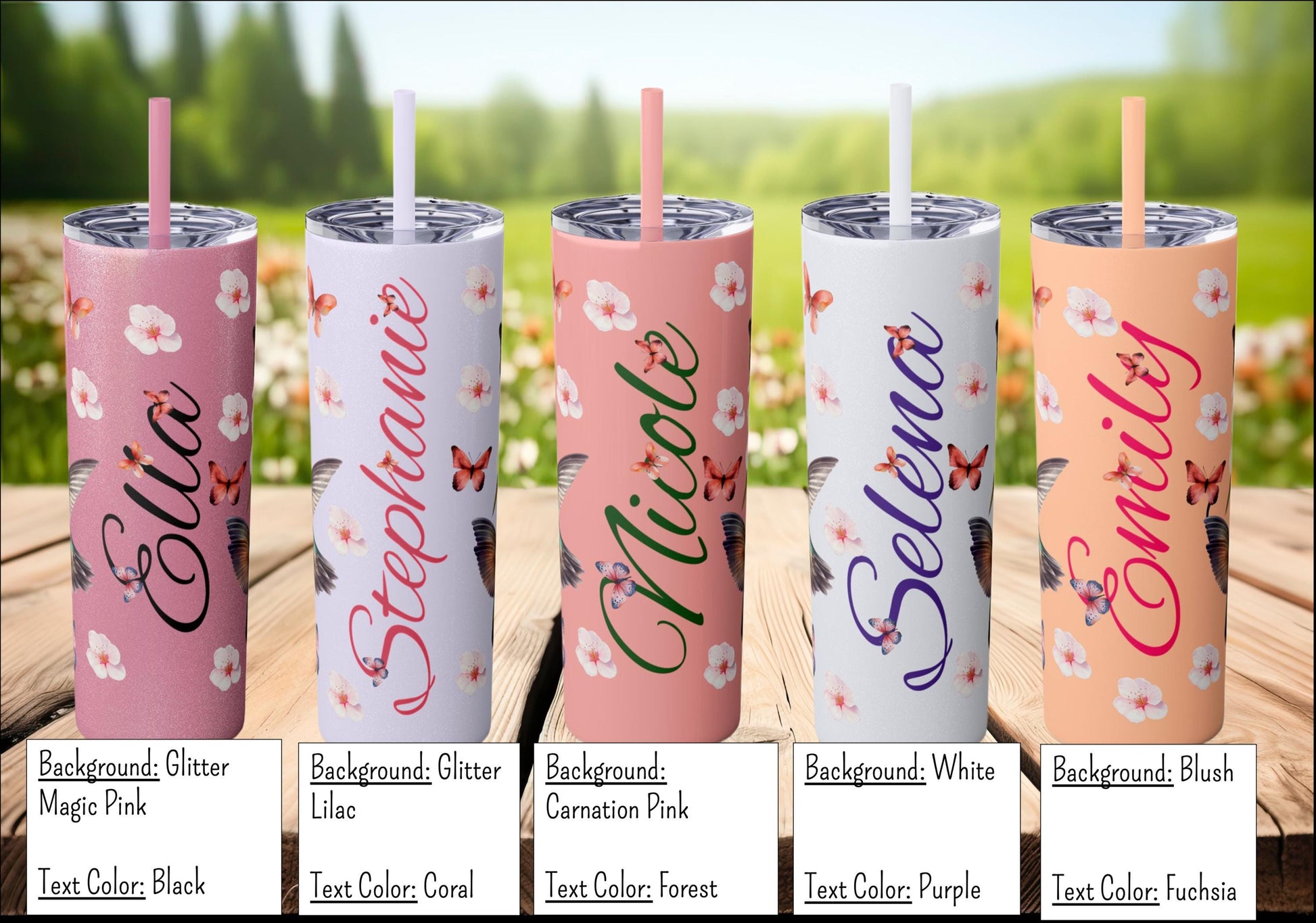 Cherry Blossom Tumbler, Personalized Cup with Straw, 20oz - Floral Design, Hummingbirds & Butterflies - Custom Name Gift - Spring Mug,