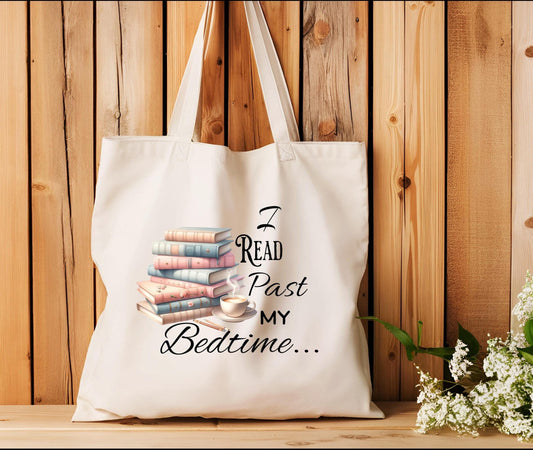 Book Lover's Tote Bag, Reading Bookworm Gift, Coffee Lover Carryall, Library Accessory, Literary Quote Shopper, I Read Past my Bedtime Bag