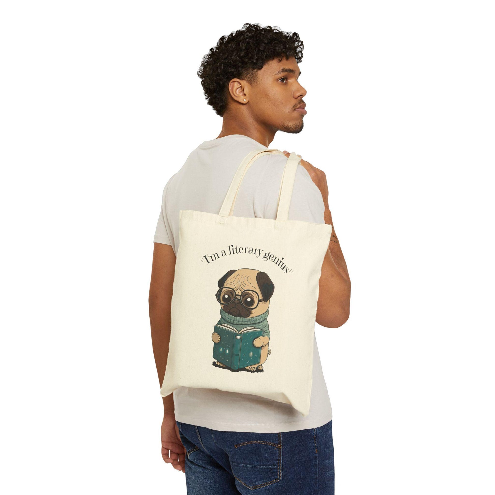 Pug Tote Bag, Book Lover Gift, Literary Genius, Dog Mom, Cute Canvas Bag, Reusable Shopping Bag