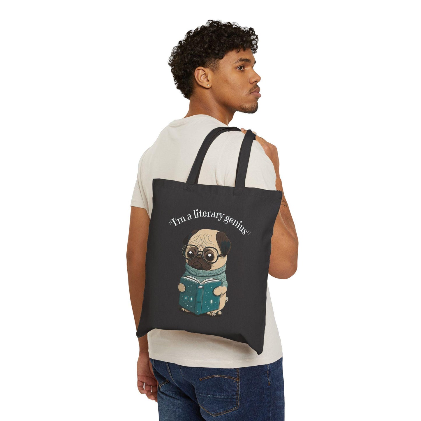 Pug Tote Bag, Book Lover Gift, Literary Genius, Dog Mom, Cute Canvas Bag, Reusable Shopping Bag