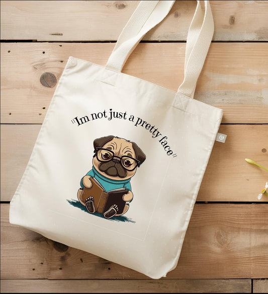 Pug Tote Bag, Book Lover Gift, Literary Genius, Dog Mom, Cute Canvas Bag, Reusable Shopping Bag