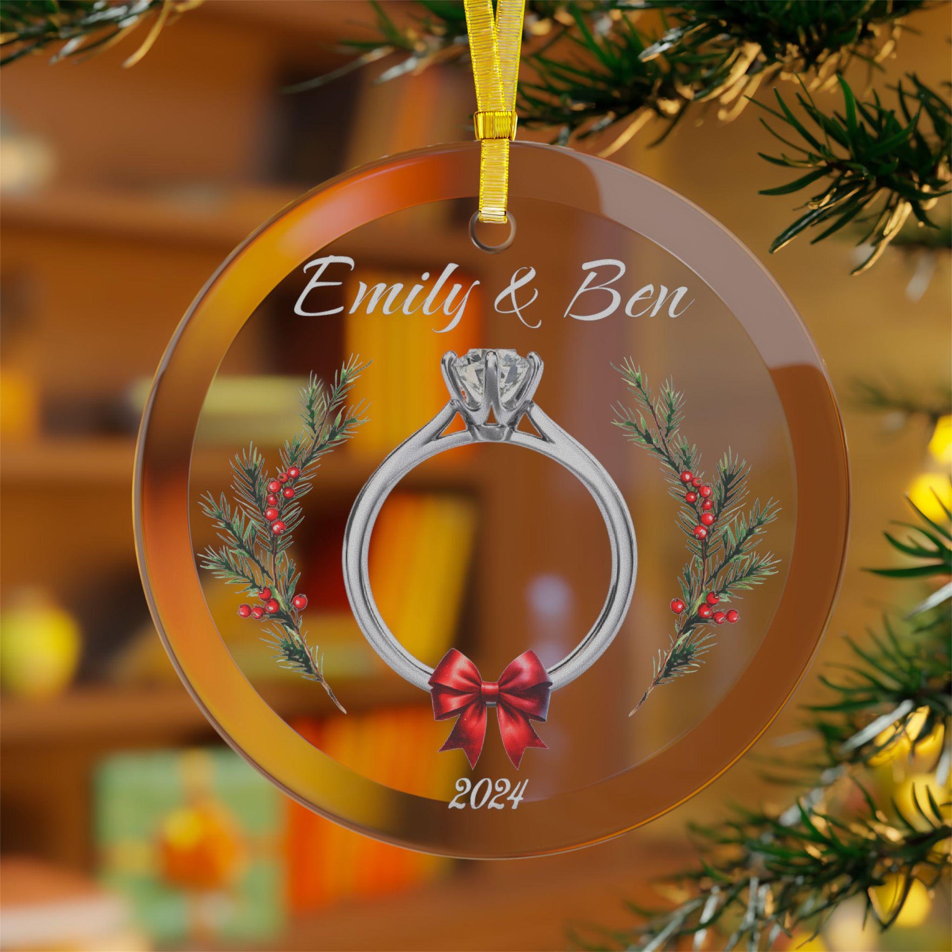 Personalized Newly Engaged Glass Christmas Ornament, First Christmas Engaged Gift