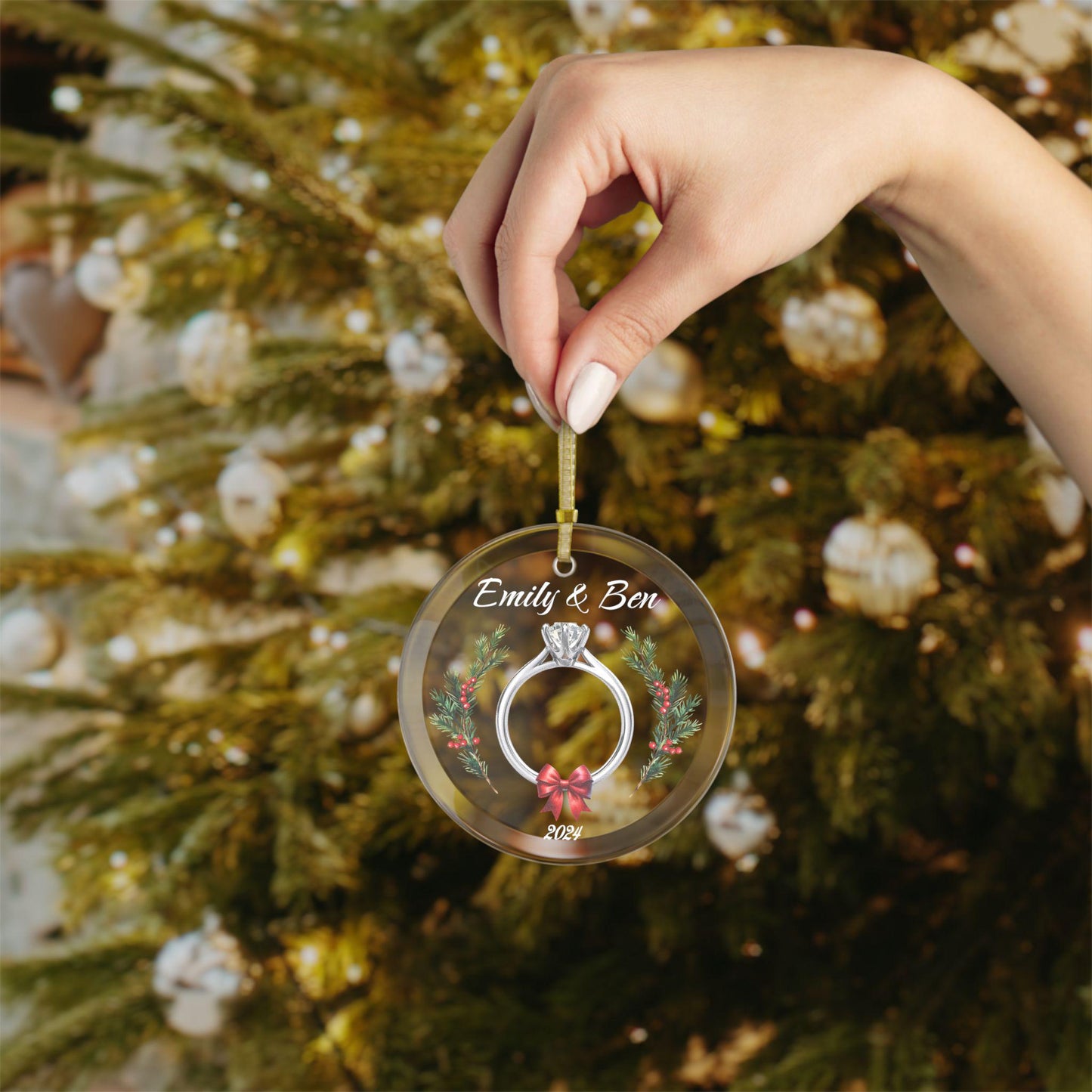 Personalized Newly Engaged Glass Christmas Ornament, First Christmas Engaged Gift