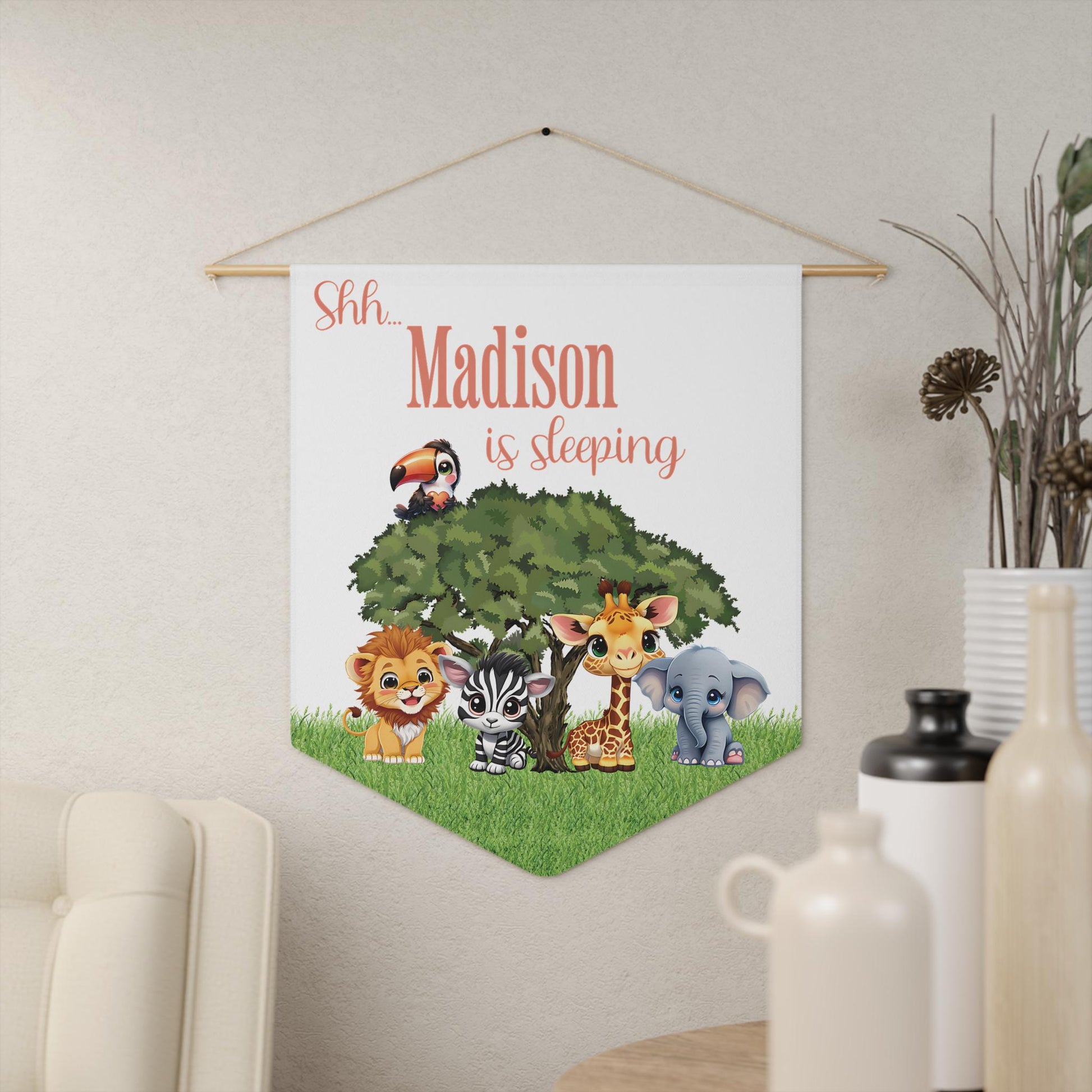 Nursery Pennant, Baby Animal Wall Hanging, Personalized Baby Nursery Decor, New Baby Gift, Baby Sleeping Sign, Gender Neutral Nursery Decor,