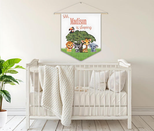 Nursery Pennant, Baby Animal Wall Hanging, Personalized Baby Nursery Decor, New Baby Gift, Baby Sleeping Sign, Gender Neutral Nursery Decor,