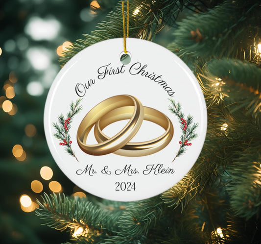 Personalized Ceramic Newlywed Ornament - First Christmas as a Married Couple