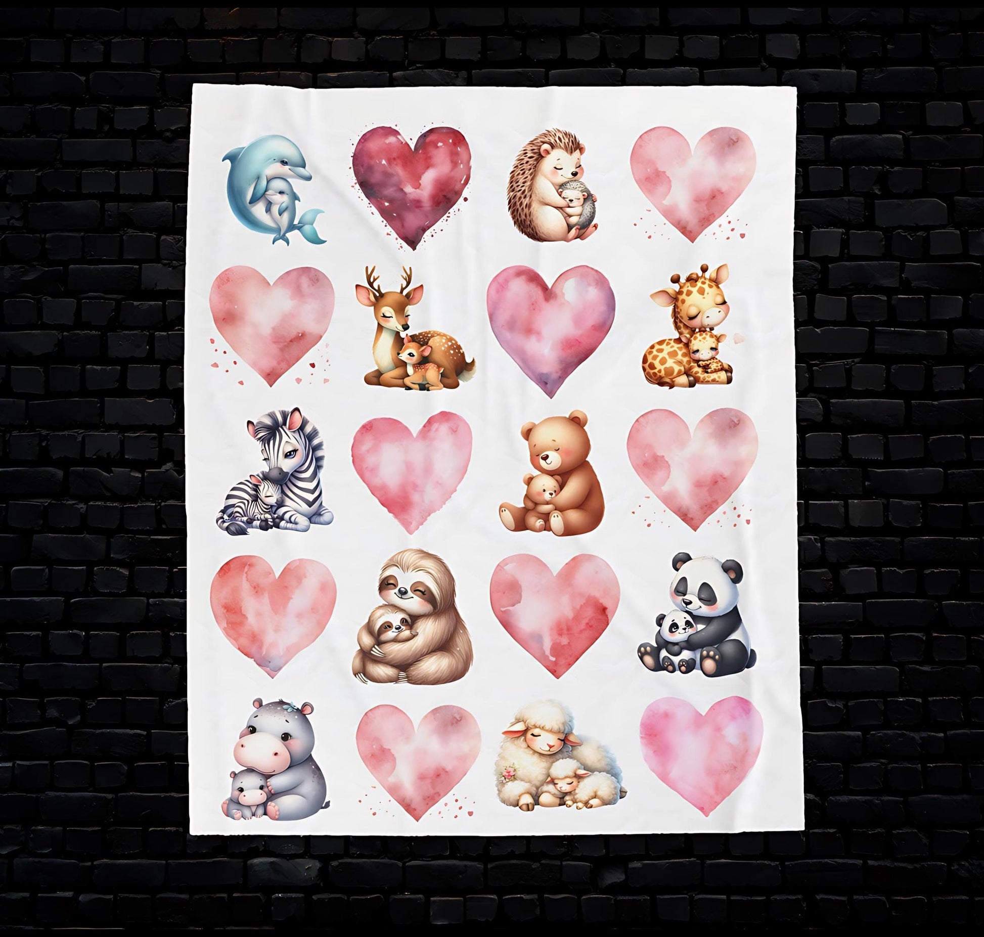 Plush Blanket, Watercolor Hearts, Mother Animals and Babies Design, Baby Child Blanket, Nursery Decor, Soft Throw, Gift for New Mom