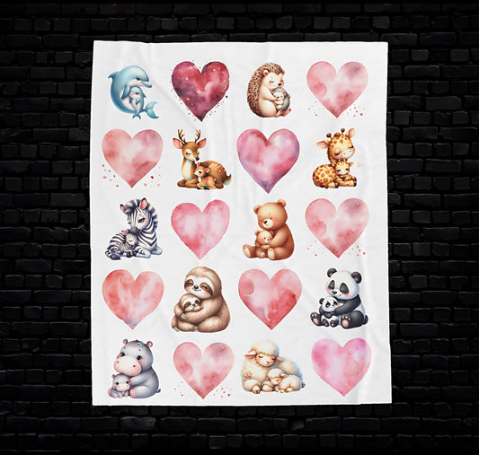 Plush Blanket, Watercolor Hearts, Mother Animals and Babies Design, Baby Child Blanket, Nursery Decor, Soft Throw, Gift for New Mom