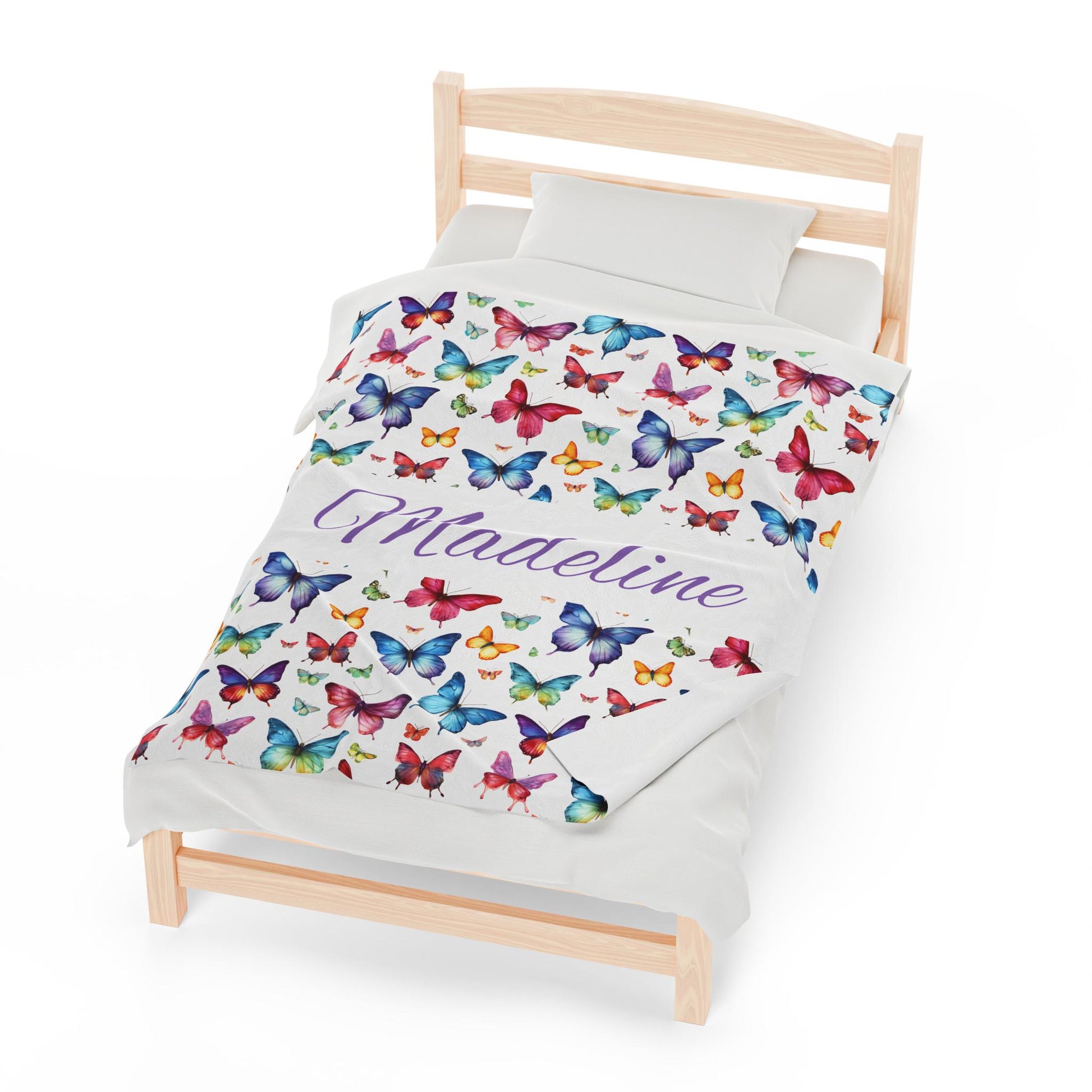 Plush Blanket with Personalized Butterfly Collage - Young Girl Gift, Name Customization, Rainbow Colors, Text Color Options, Velveteen