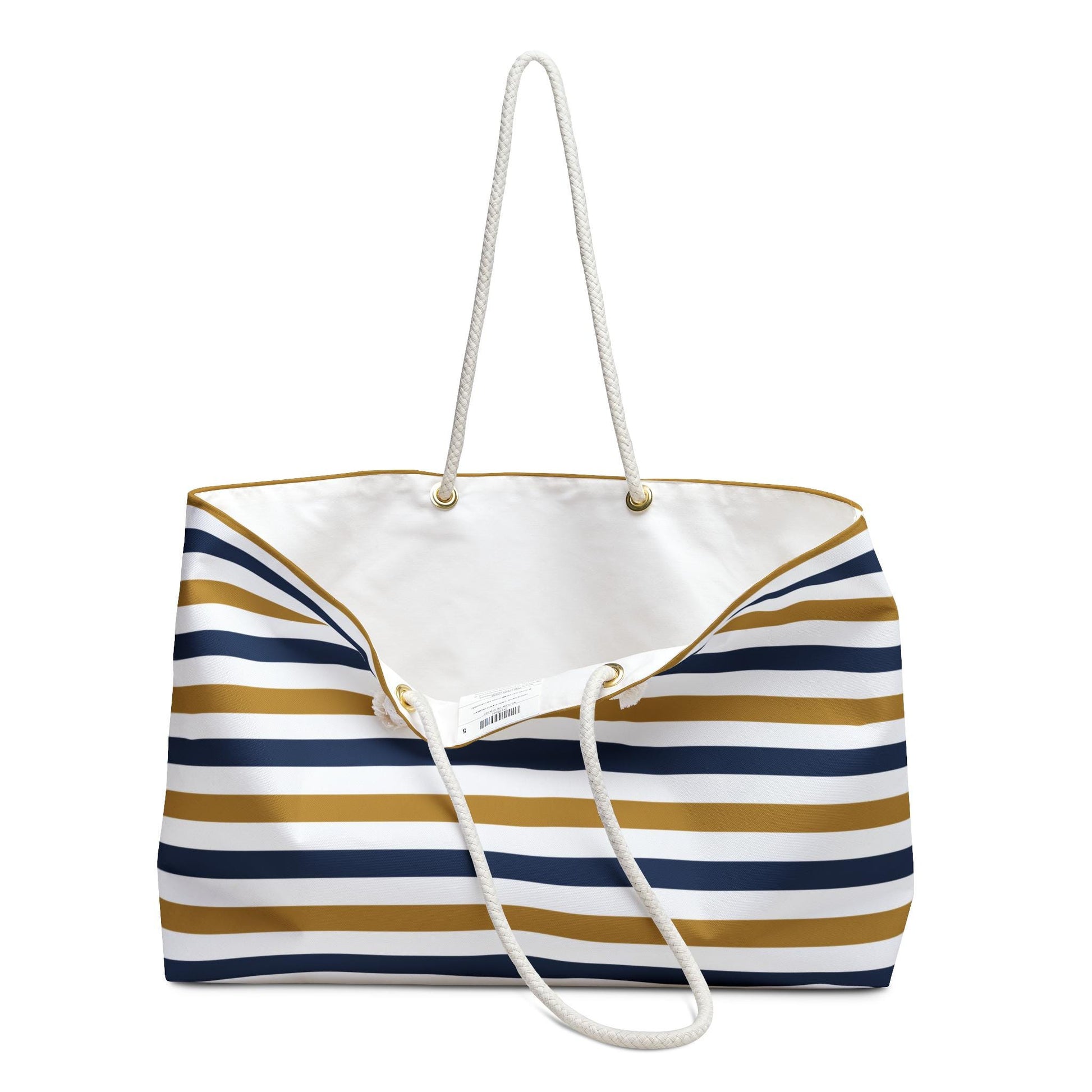 Nautical Striped Weekender Bag, Beach Tote, Navy and Gold Travel Bag, Oversized Carryall, Summer Vacation Duffle, Rope Handle Overnight Bag