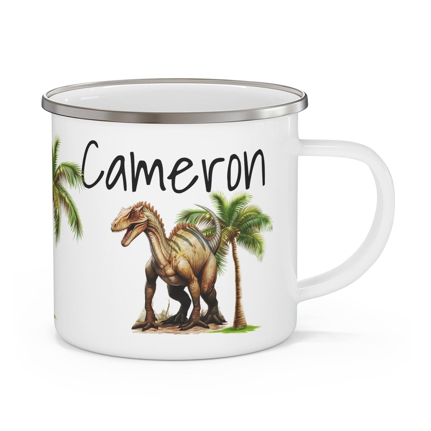 Custom Dinosaur Enamel Camping Mug for Kids, Personalized Child's Name, Dinosaurs & Fonts, Gift for Dino Lover, Campfire Cup, Outdoor
