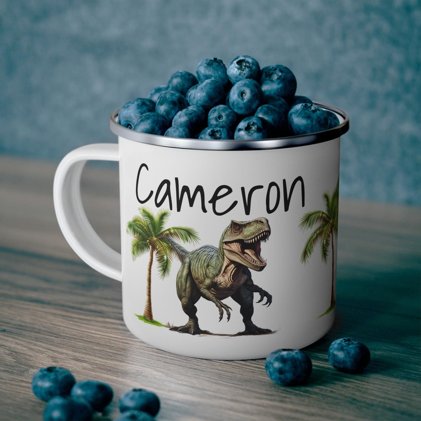 Custom Dinosaur Enamel Camping Mug for Kids, Personalized Child's Name, Dinosaurs & Fonts, Gift for Dino Lover, Campfire Cup, Outdoor