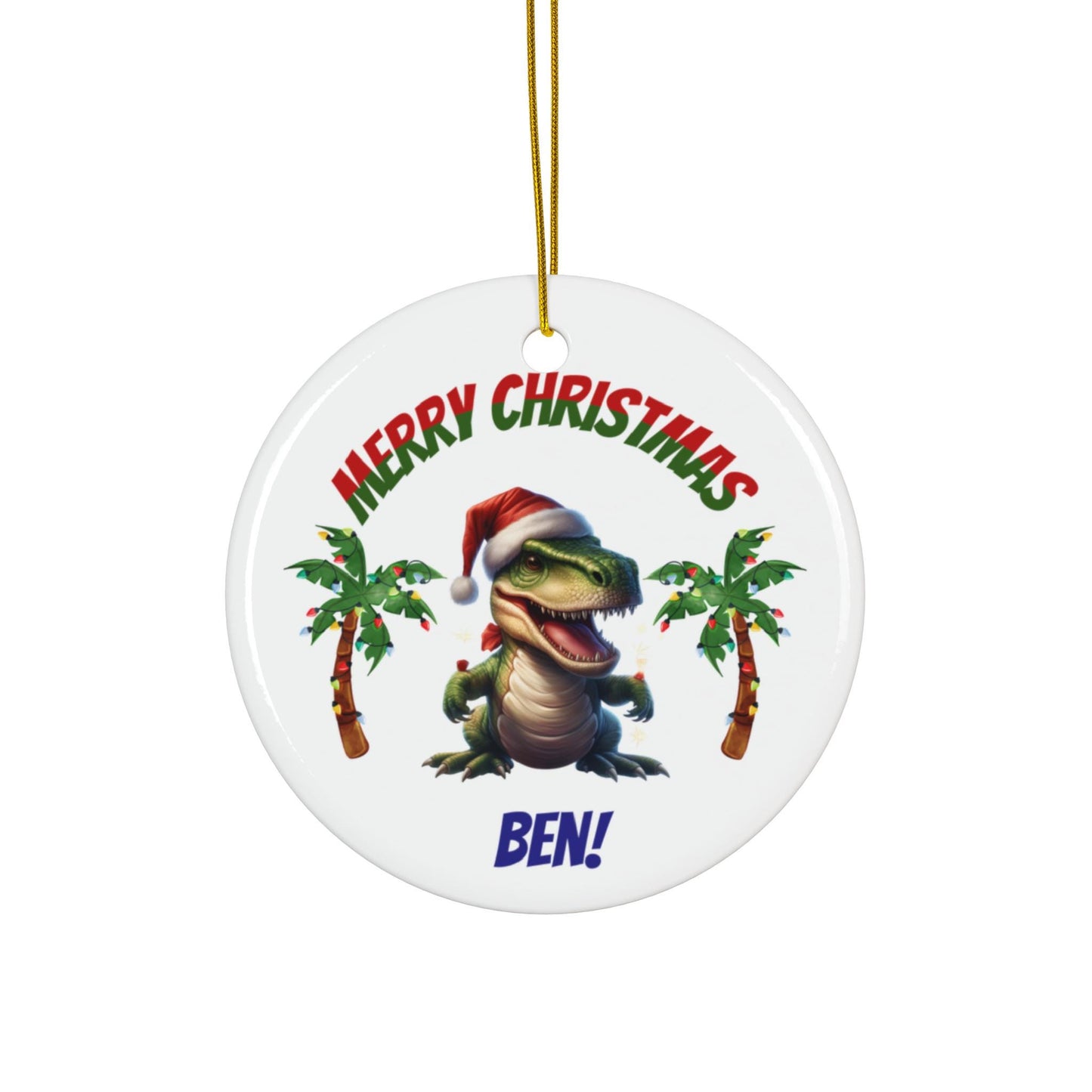 Dinosaur Christmas Ornament, T-Rex Santa Hat, Personalized Kids Holiday Decor, Ceramic Bauble Gift, Children Christmas Tree Decoration