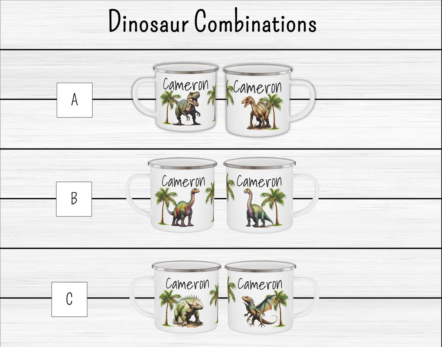 Custom Dinosaur Enamel Camping Mug for Kids, Personalized Child's Name, Dinosaurs & Fonts, Gift for Dino Lover, Campfire Cup, Outdoor