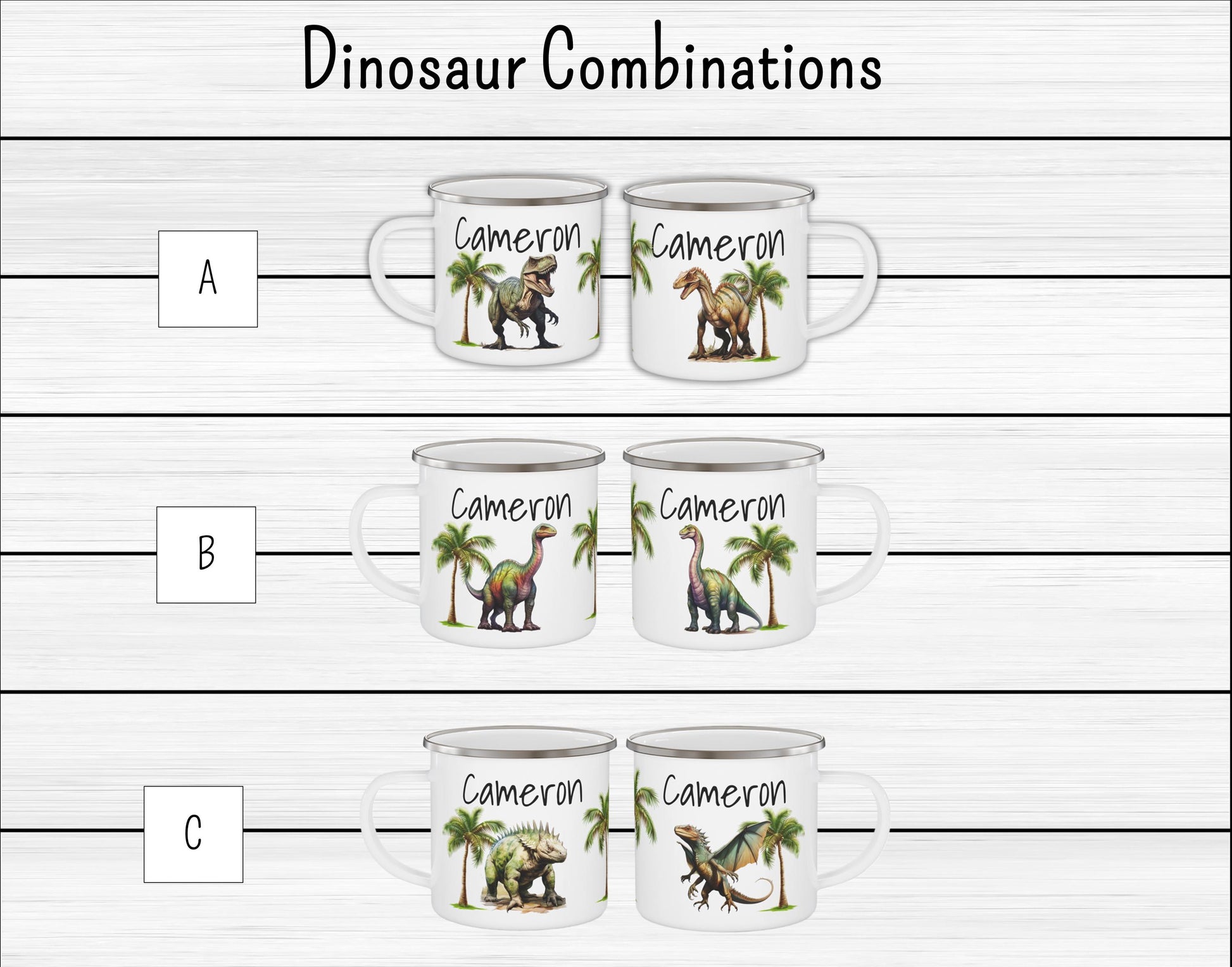 Custom Dinosaur Enamel Camping Mug for Kids, Personalized Child's Name, Dinosaurs & Fonts, Gift for Dino Lover, Campfire Cup, Outdoor
