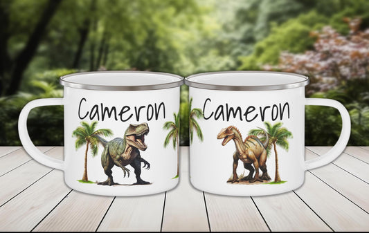 Custom Dinosaur Enamel Camping Mug for Kids, Personalized Child's Name, Dinosaurs & Fonts, Gift for Dino Lover, Campfire Cup, Outdoor