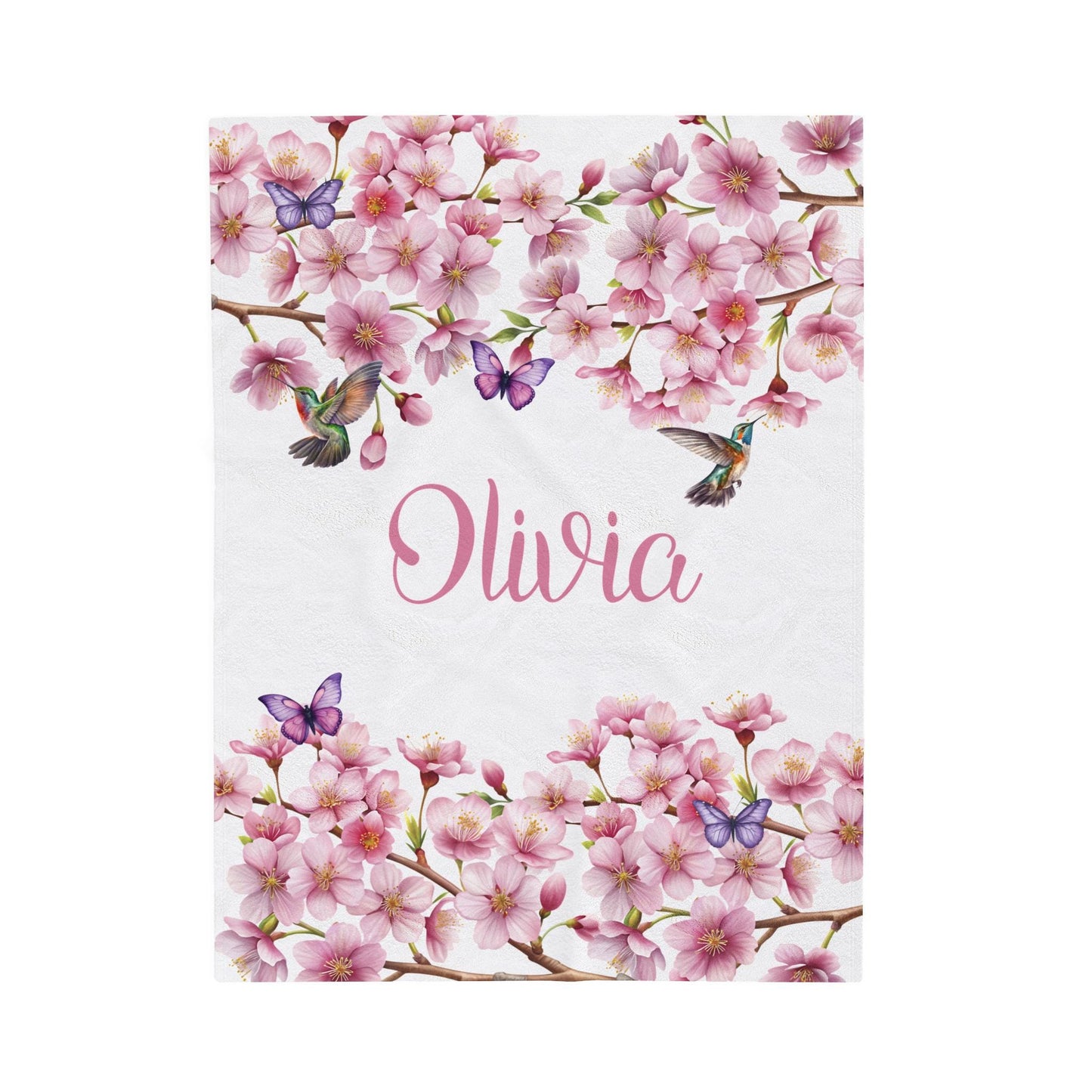 Personalized Velveteen Plush Blanket, Cherry Blossom Personalized Throw, Butterflies Hummingbirds Floral Bedding, Custom Name Gift