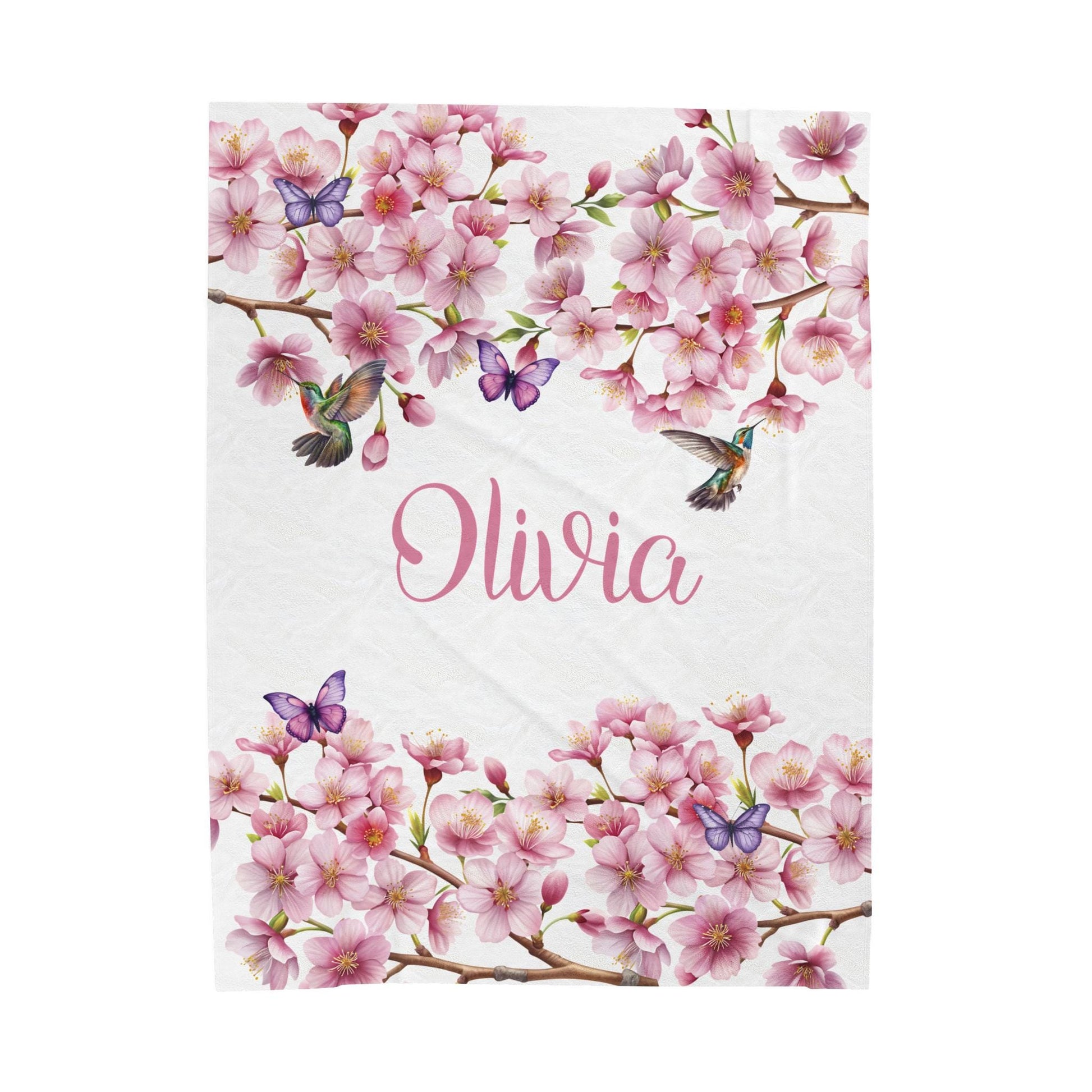 Personalized Velveteen Plush Blanket, Cherry Blossom Personalized Throw, Butterflies Hummingbirds Floral Bedding, Custom Name Gift
