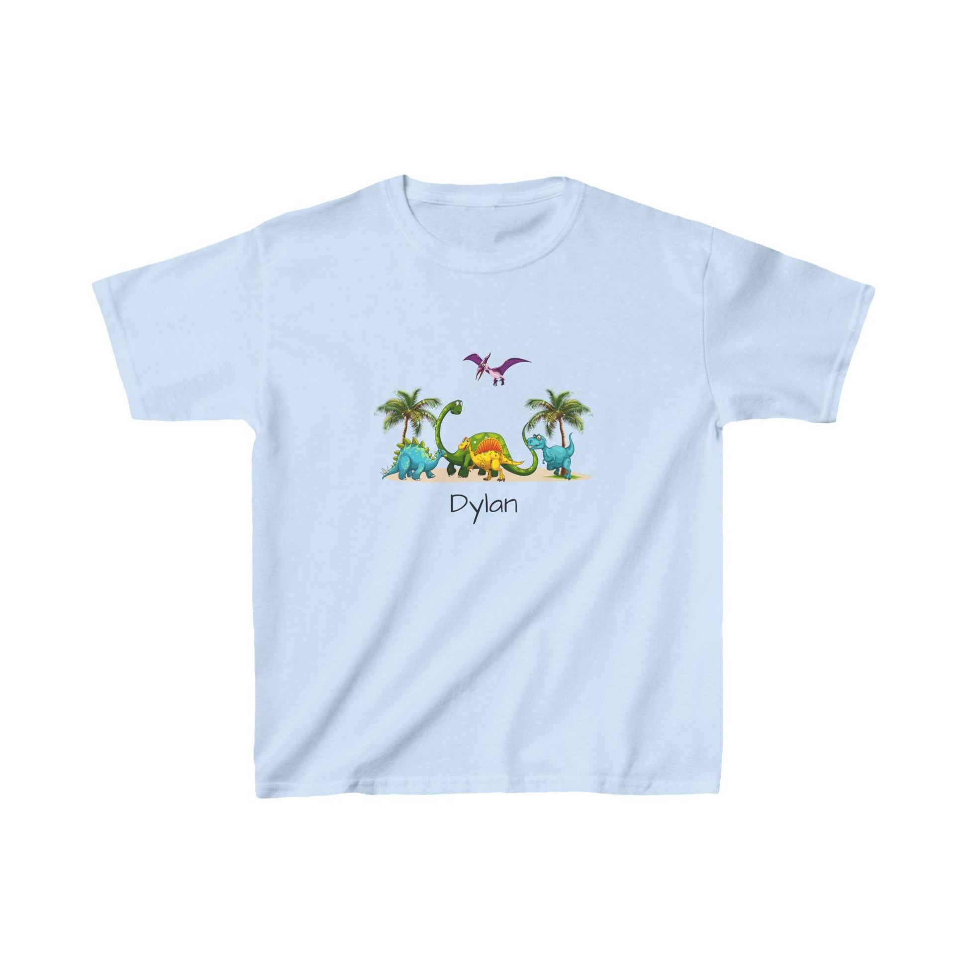 Dinosaur Kids Tee, Personalized Shirt for Boys and Girls, Cute Jurassic T-Shirt, Pterodactyl, Palm Trees, Custom Name Option, Children's