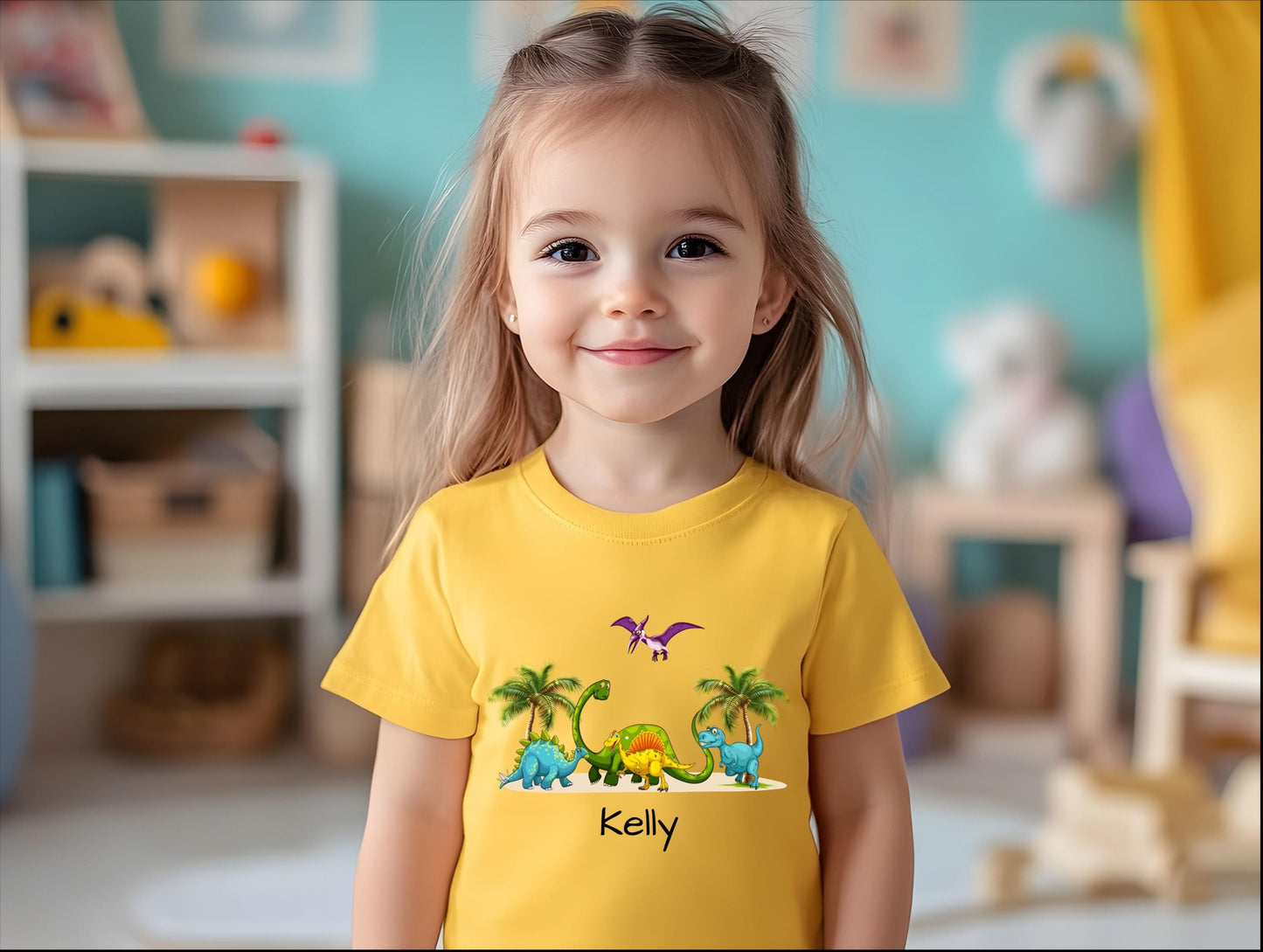 Dinosaur Kids Tee, Personalized Shirt for Boys and Girls, Cute Jurassic T-Shirt, Pterodactyl, Palm Trees, Custom Name Option, Children's