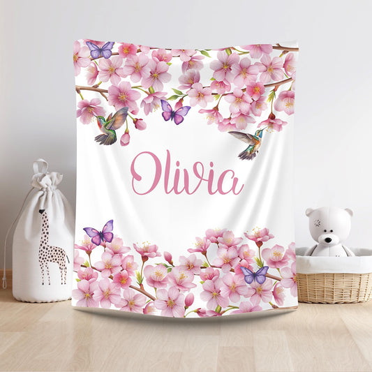 Personalized Velveteen Plush Blanket, Cherry Blossom Personalized Throw, Butterflies Hummingbirds Floral Bedding, Custom Name Gift