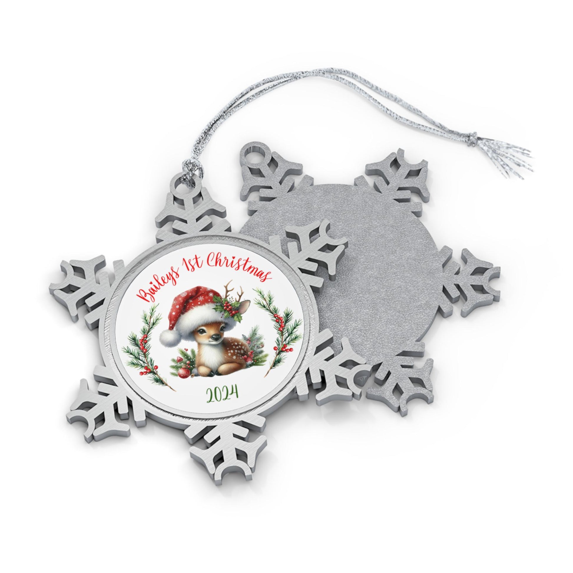 Pewter Ornament, Baby's 1st Christmas, Personalized, Snowflake, Fawn, Santa Hat, Gift Box, New Baby, Family Ornament, Holiday Decoration
